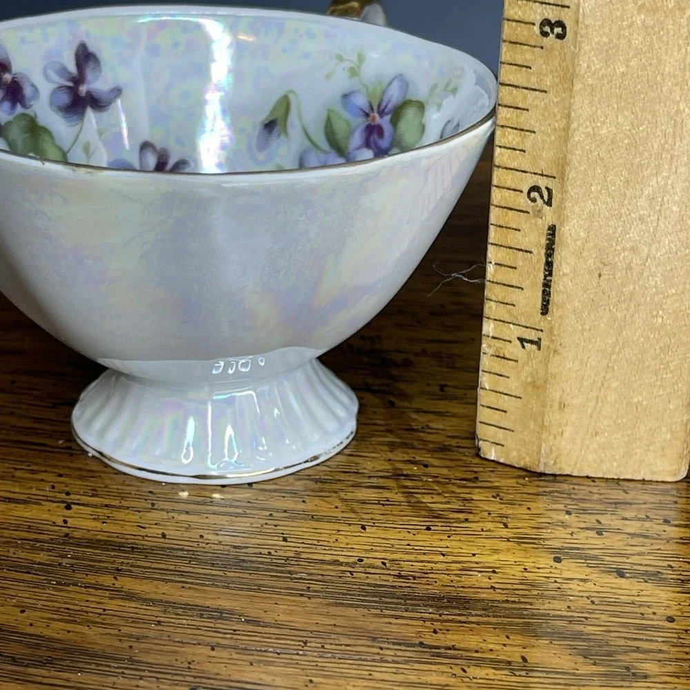 Vintage Del Mar Japan Painted Pedestal Teacup Saucer Violets Lusterware 24k‎